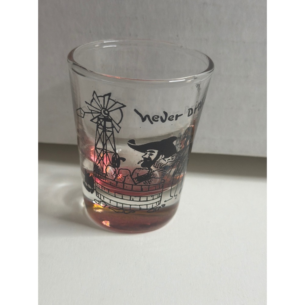 Vintage Never Drink Water‎ Shot Glass Cowboy Western Pink Tinted Bottom Base 2oz